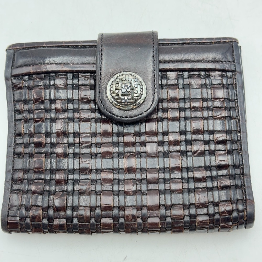 Women's Vintage Brighton Brown Leather Wallet Woven Credit Cards Snap Pocket